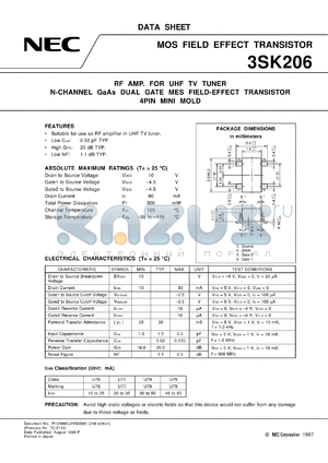 3SK206-T2 datasheet - UHF band high frequency amplification