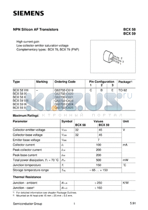 BCX58VII datasheet - NPN silicon AF transistor