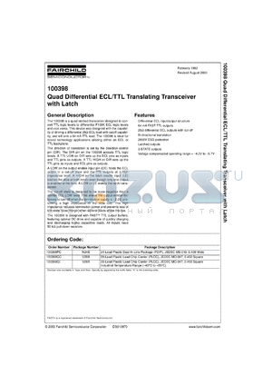100398QIX datasheet - Quad Differential ECL/TTL Translating Transceiver with Latch