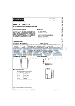 74AC138SCX datasheet - 1-of-8 Decoder/Demultiplexer