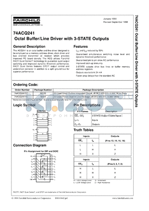 74ACQ241SCX datasheet - Quiet Series Octal Buffer/Line Driver with 3-STATE Outputs