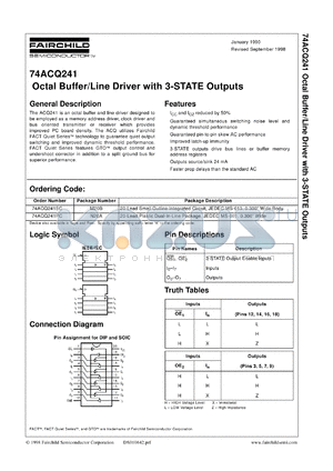 74ACQ241PC datasheet - Quiet Series Octal Buffer/Line Driver with 3-STATE Outputs
