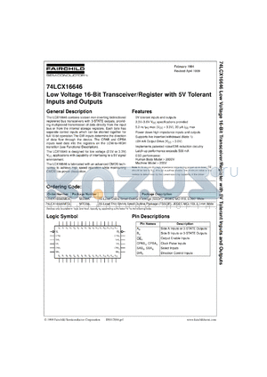 74LCX16646MTDX datasheet - Low-Voltage 16-Bit Transceiver/Register with 5V Tolerant Inputs and Outputs