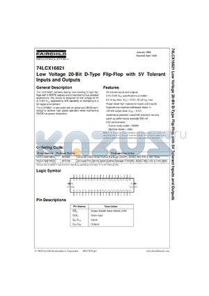 74LCX16821MEAX datasheet - Low-Voltage 20-Bit D-Type Flip-Flops with 5V Tolerant Inputs and Outputs