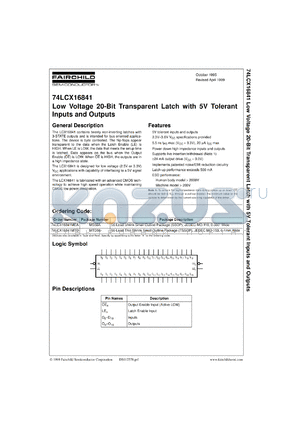 74LCX16841MEAX datasheet - Low-Voltage 20-Bit Transparent Latch with 5V Tolerant Inputs and Outputs