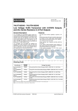 74LVTH162245GX datasheet - Low Voltage 16-Bit Transceiver with 3-STATE Outputs and 25 Ohm Series Resistors in A Port Outputs