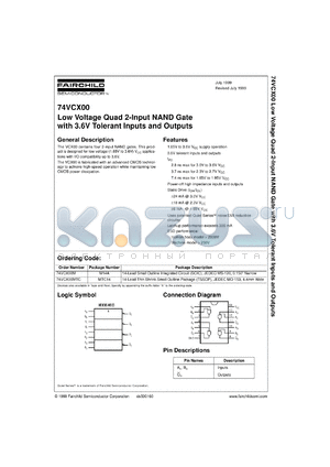 74VCX00MTCX datasheet - Low Voltage Quad 2-Input NAND Gate with 3.6V Tolerant Inputs and Outputs