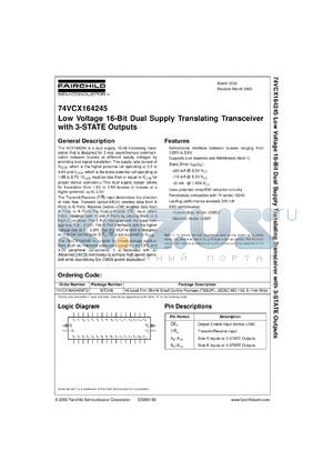 74VCX164245MTDX datasheet - Low Voltage 16-Bit Dual Supply Translating Transceiver with 3-STATE Outputs