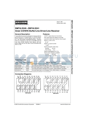 DM74LS240SJX datasheet - Octal 3-STATE Buffer/Line Driver/Line Receiver (Inverting)