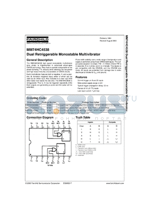 MM74HC4538SJX datasheet - Dual Retriggerable Monostable Multivibrator