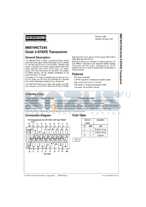 MM74HCT245MTCX datasheet - Octal 3-STATE Transceiver