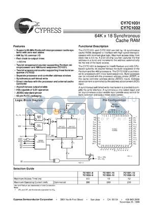 CY7C1031-8JCT datasheet - 64K x 18 Synchronous Cache RAM