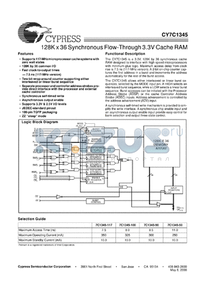 CY7C1345-117AC datasheet - 128Kx32 Flow-Through SRAM with NoBL Architecture