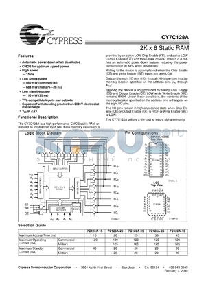 CY7C128A-20VCT datasheet - 2K x 8 Static RAM