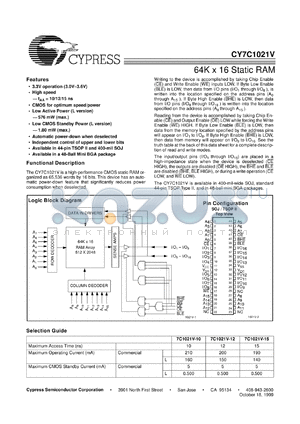 CY7C1021V33-12ZCT datasheet - 64K x 16 Static RAM