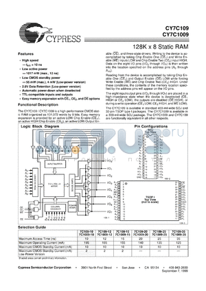 CY7C109-15VIT datasheet - 128K x 8 Static RAM