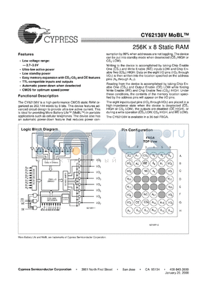 CY62138VL-70BAI datasheet - 256K X 8 Static RAM