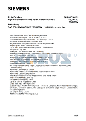 SAB80C166W-M datasheet - 16-bit microcontroller (1KByte RAM)