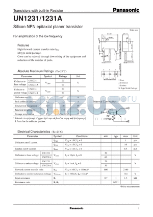 UNR1231A datasheet - Silicon NPN epitaxial planer transistor with biult-in resistor