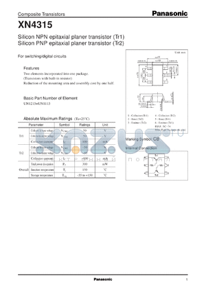 XN04315 datasheet - NPN epitaxial planer transistor (Tr1) PNP epitaxial planer transistor (Tr2)