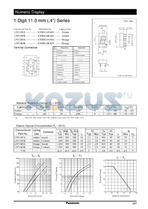 LNM414AA01 datasheet - Numeric display visible light emitting diode. Numeric Size (11mm, 0.4inch, 1-Element Type)