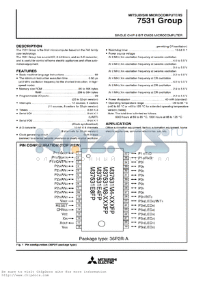 M37531M4V-XXXGP datasheet - Single chip 8-bit CMOS microcomputer. 256 bytes RAM, 8192 bytes mask ROM