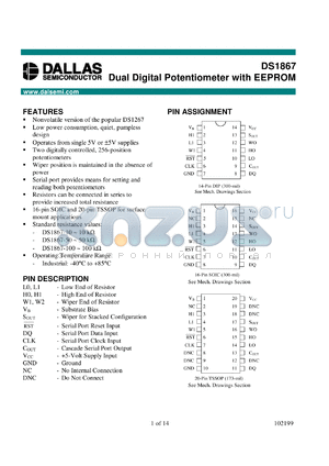 DS1867S-010 datasheet - Dual Digital Potentiometer with EEPROM