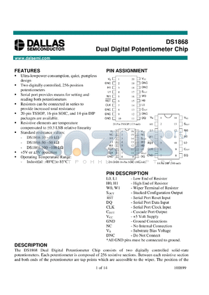 DS1868E-050 datasheet - Dual Digital Potentiometer Chip