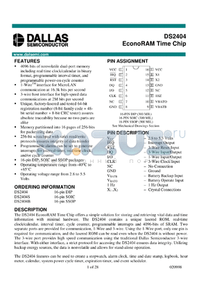 DS2404-C01 datasheet - EconoRAM Time Chip