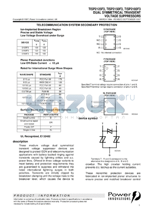 TISP2150F3DR datasheet - Symmetrical Overvoltage TISP for 3 Wire Battery Backed Ringer Protection