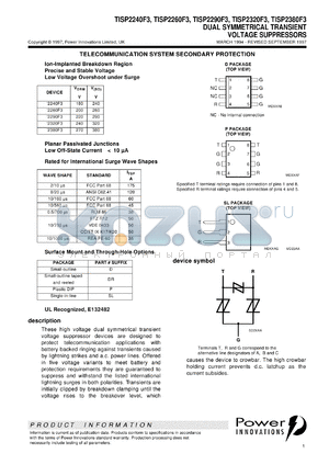 TISP2240F3SL datasheet - Symmetrical Overvoltage TISP for 3 Wire Battery Backed Ringer Protection