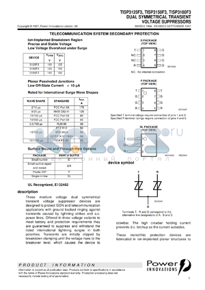 TISP3180F3P datasheet - Dual Symmetrical Overvoltage TISP for 3 Wire Ground Backed Ringer Protection