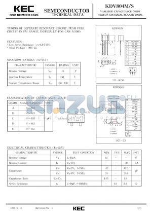 KDV804EM datasheet - Variable capacitance diode (VCO) for tuning of separate resonant circuit and push-pull circuit in FM range, especially for car audio