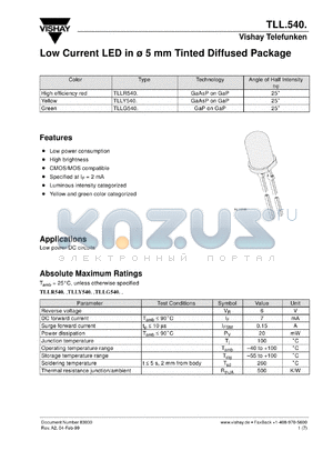 TLLG5400 datasheet - Low current Green (565 nm) LED