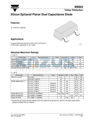 BB804-0 datasheet - Small signal capacitance diode for frequency tuning in FM radio tuners