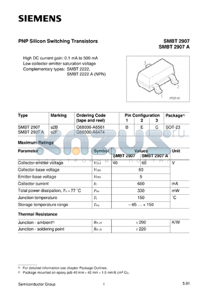 SMBT2907 datasheet - PNP silicon switching transistor