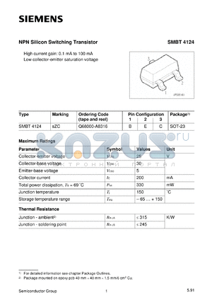 SMBT4124 datasheet - NPN silicon switching transistor