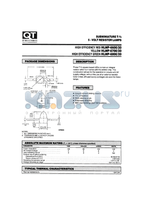 HLMP-6800A datasheet - Resistor Led Lamp. T-3/4 Square Base Resistor