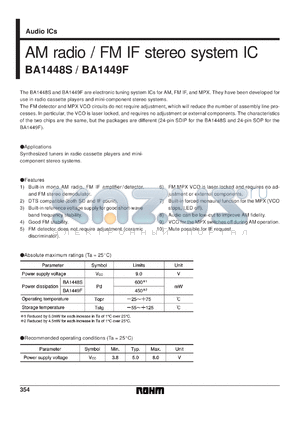 BA1449F datasheet - AM radio / FM IF stereo system IC