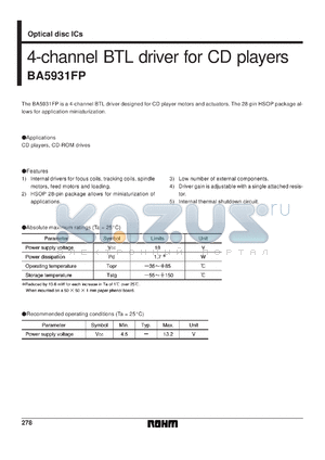 BA5931FP datasheet - 4-channel BTL driver for CD player