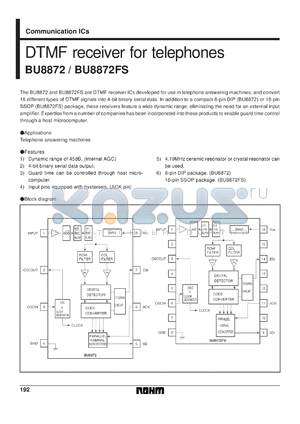 BU8872F datasheet - DTMF receiver for telephones
