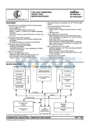 IDT79R4640100MU datasheet - Low-cost embedded orion risc mocroprocessor