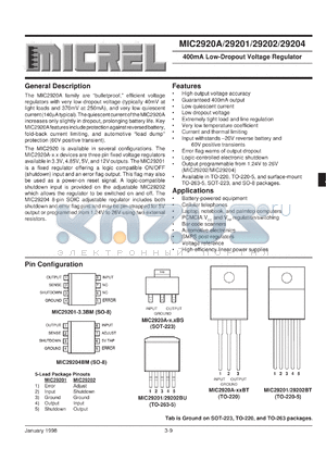 MIC29201-3.3BT3.3 datasheet - 400mA Low-Dropout Voltage Regulator