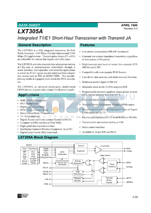 LXT305ANE datasheet - Short/Haul transceiver with receive JA