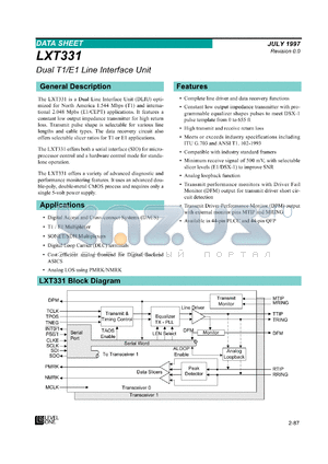 LXT331T1 datasheet - Dual T1/E1 line interface unit