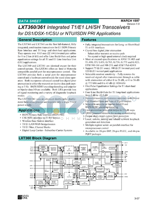 LXT360NE datasheet - Integrated T1/E1 LH/SH transceiver for DS1/DSX-1/CSU or NTU/ISDN PRI applications
