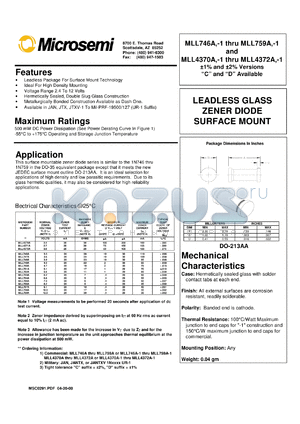 MLL4370A-1 datasheet - Zener Voltage Regulator Diode