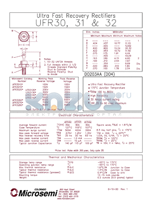 UFR3010R datasheet - Ultra Fast Rectifier (less than 100ns)