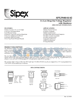 SPX3940T datasheet - 1A low drop out voltage regulator with shutdown