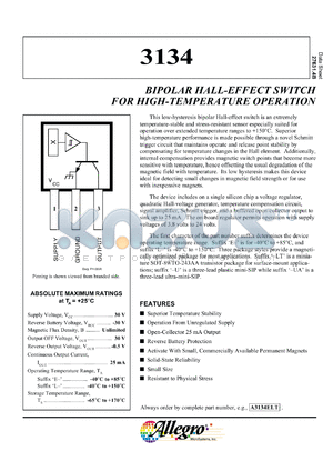 A3134LLT datasheet - Bipolar  hall-effect switch for high-temperature operation